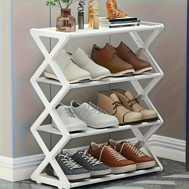 Stackable and Foldable Plastic Shoe Rack with 3 Layers - Space-saving Storage Box for Entrances, Corridors, Bedrooms and Dormitories, Black X Design, No Assembly Required