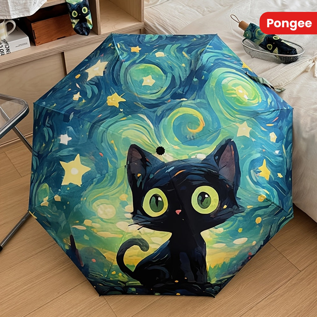 1pc Van Gogh Inspired Black Cat Pattern Folding Umbrella, Casual Cute Fashion Style, Manual Open, 8 Ribs, Pongee & Iron Material, Foldable Sunshade with UV Protection
