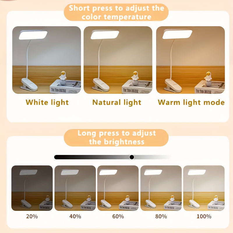 Dimmable LED Clamp Desk Lamp, Touch Control Clip-On Light with Adjustable Brightness, Color Changing, USB\u002FBattery Dual Power, Rechargeable 800mAh Lithium, Indoor Use for Home, Dormitory, Reading, Bedside - White
