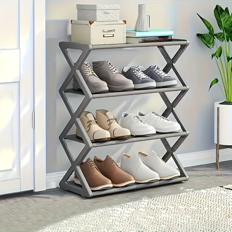 Stackable and Foldable Plastic Shoe Rack with 3 Layers - Space-saving Storage Box for Entrances, Corridors, Bedrooms and Dormitories, Black X Design, No Assembly Required