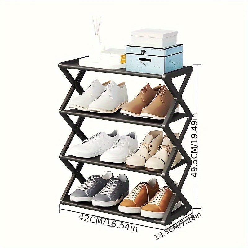 Stackable and Foldable Plastic Shoe Rack with 3 Layers - Space-saving Storage Box for Entrances, Corridors, Bedrooms and Dormitories, Black X Design, No Assembly Required